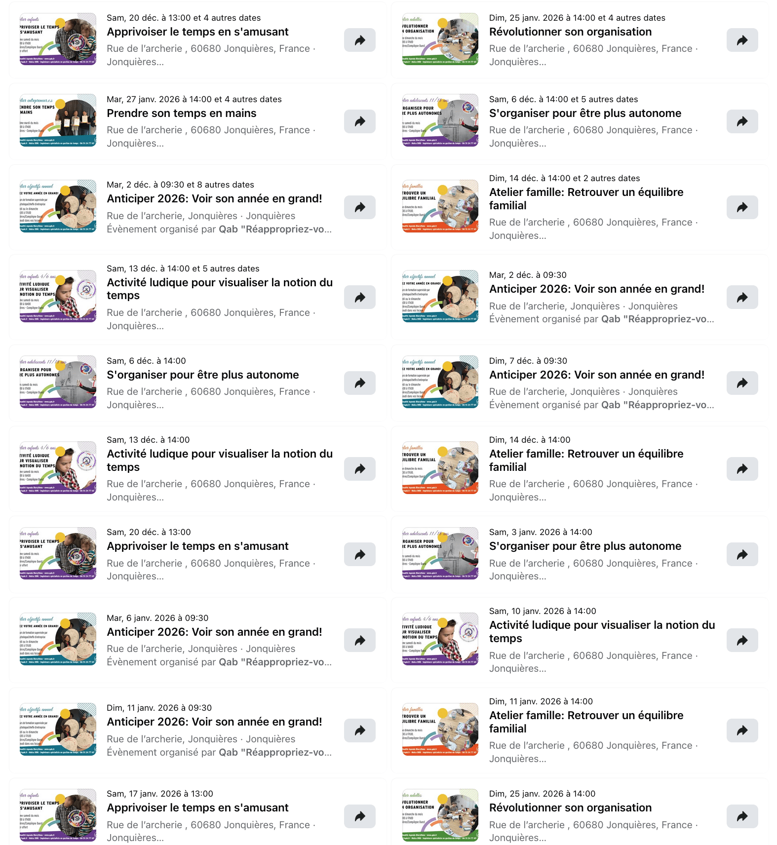 Planning événements qab gestion du temps fin 2025 début 2026