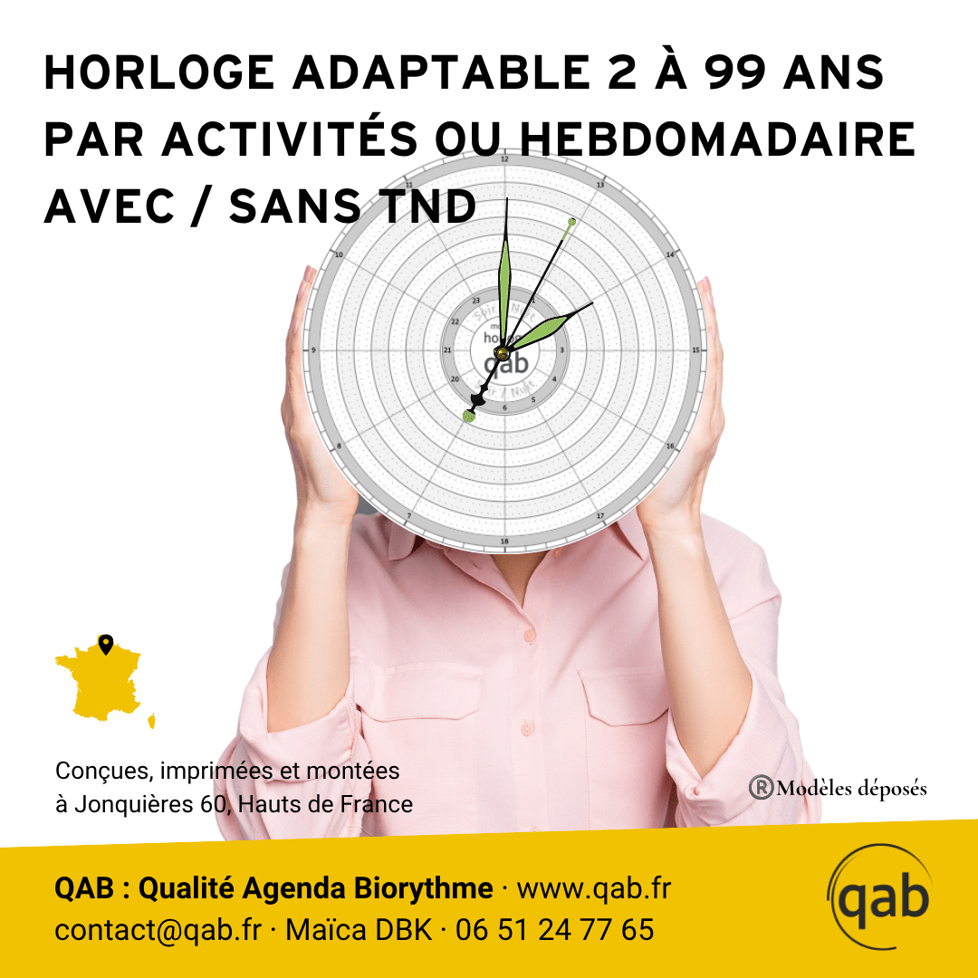HORLOGE ADAPTABLE: 2 à 99 ans Lecture des activités sur 24H Par Thèmes ou Hebdomadaire