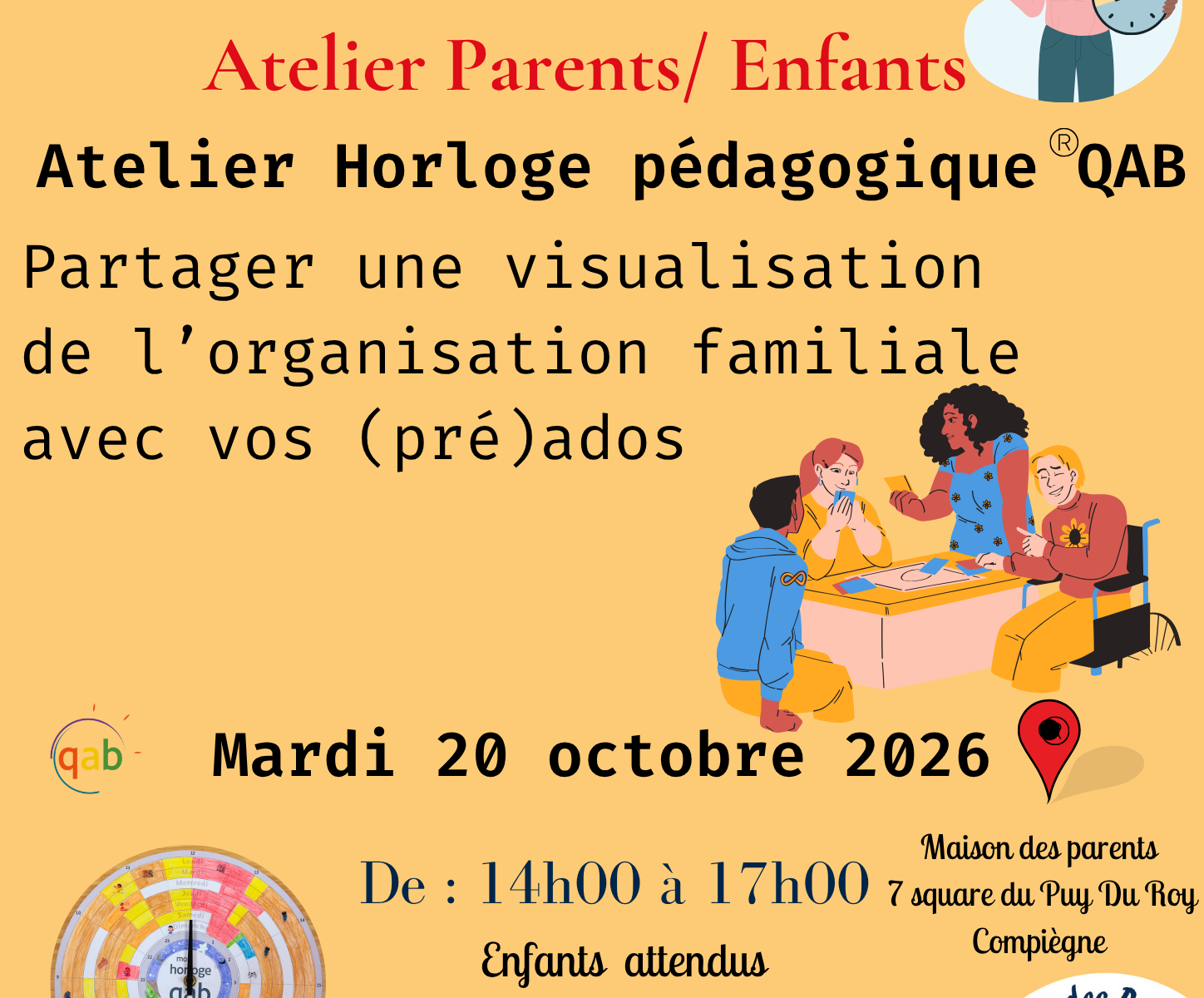 Atelier Horloge pédagogique ®QAB • qab : Gestion du Temps & Biorythme, adaptés avec ou sans TND Affiche horloge pedagogique enfants 10 ans