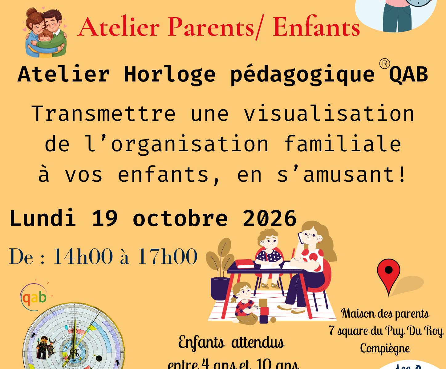 Affiche Maison des parents horloge pédagogique enfants 4 a 10 ans