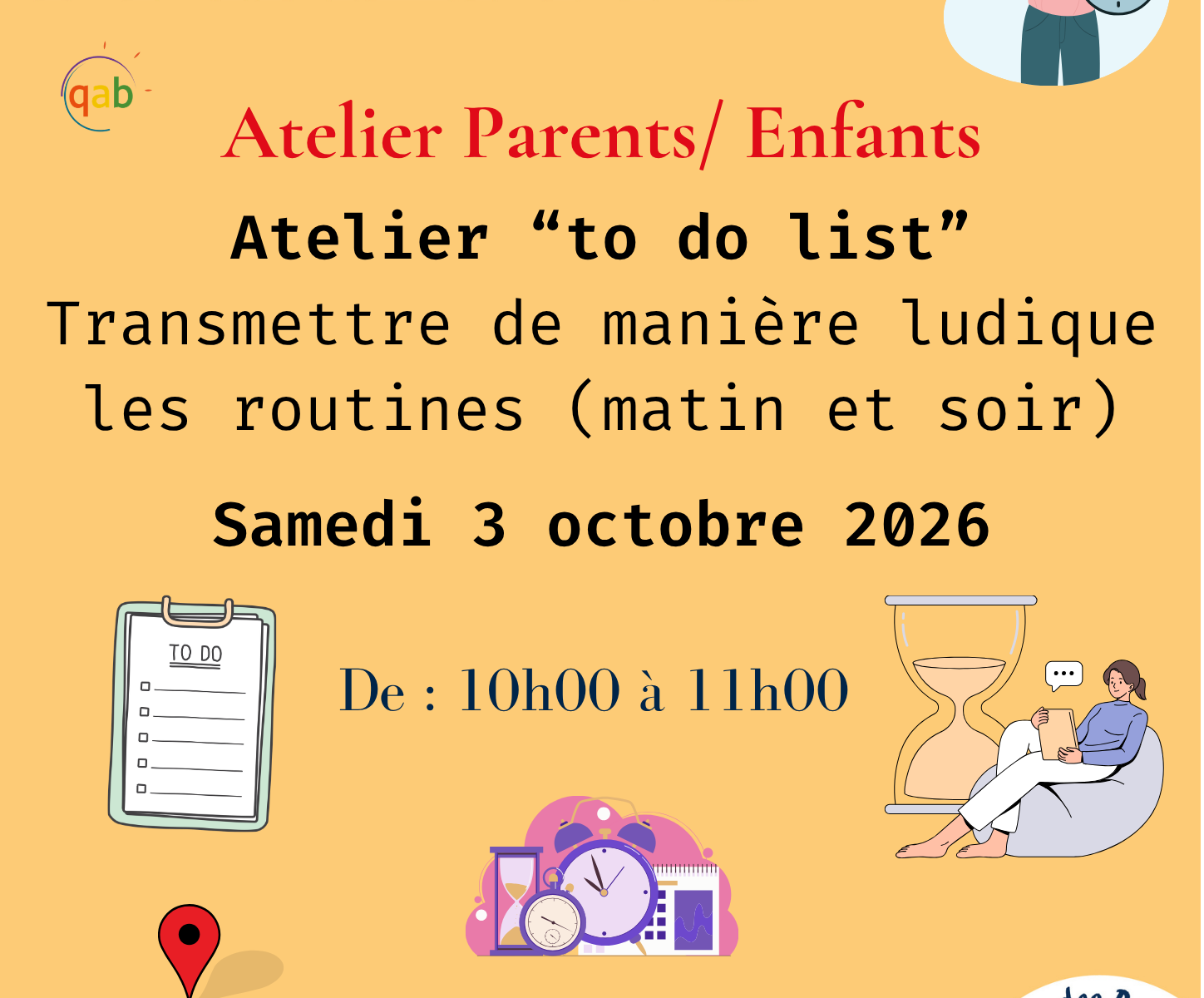 Atelier Parents / Enfants axé sur la fameuse « To Do List » : Routines du matin et du soir. • qab : Gestion du Temps & Biorythme, adaptés avec ou sans TND Affiche to do list parents enfants1