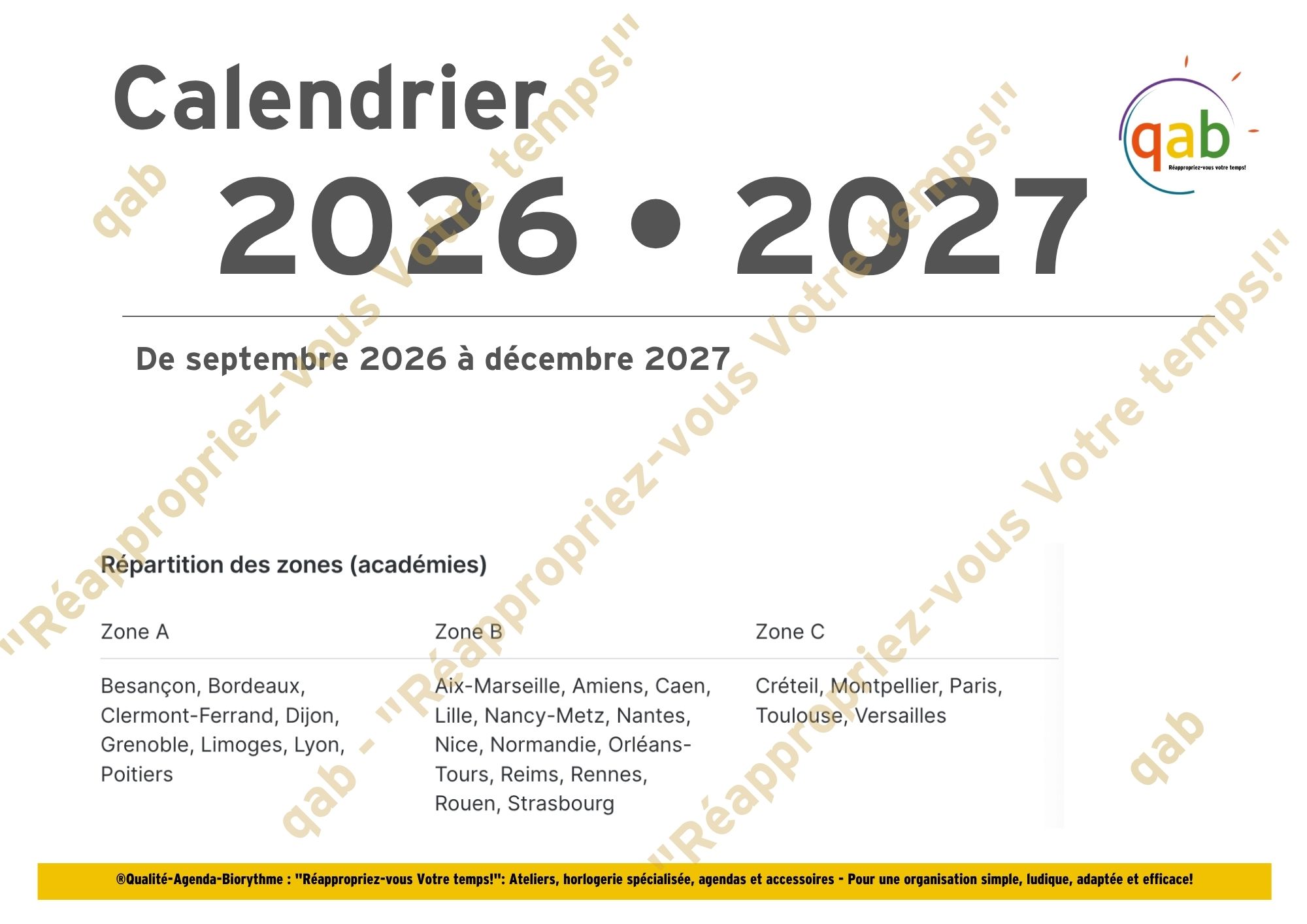 Qab-Calendrier classique 2026/2027 (16 mois) + Bonus Calendrier 2028 • qab : Gestion du Temps & Biorythme, adaptés avec ou sans TND Calendrier mensuel 2026 2027 qab et perso Detienne Bichon 17 pages A3 1