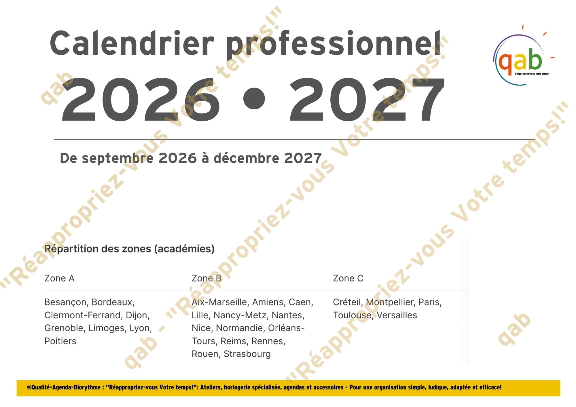 Qab-Calendrier Professionnel 2026/2027 (16 mois) + 5 Bonus • qab : Gestion du Temps & Biorythme, adaptés avec ou sans TND Calendrier mensuel 2026 2027 qab et perso Detienne Bichon 17 pages A3