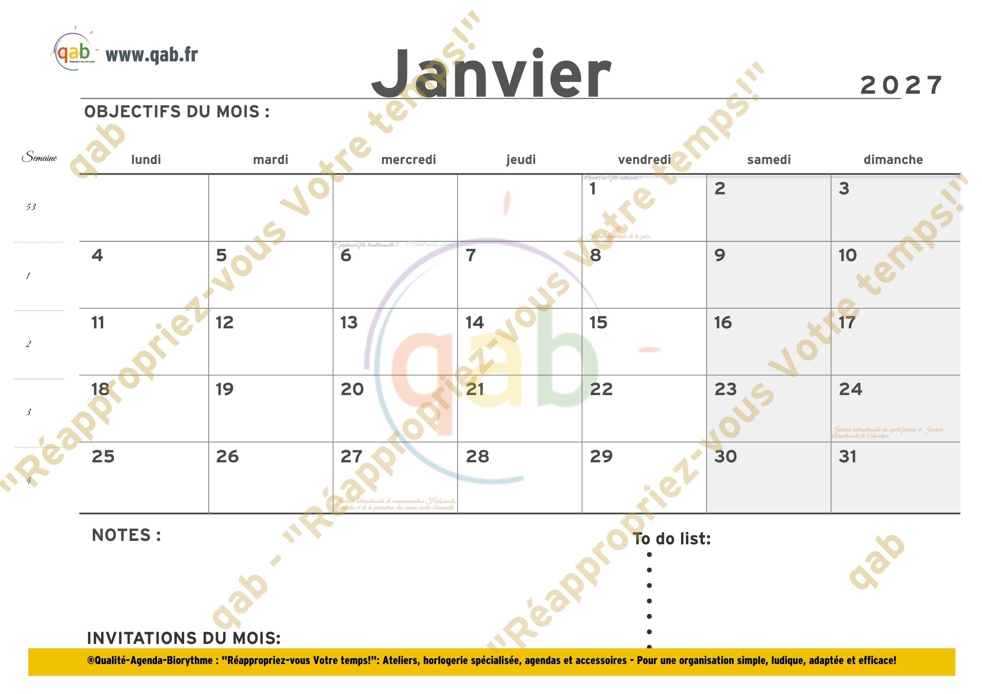 Qab-Calendrier classique 2026/2027 (16 mois) + Bonus Calendrier 2028 • qab : Gestion du Temps & Biorythme, adaptés avec ou sans TND Janvier 2027 1
