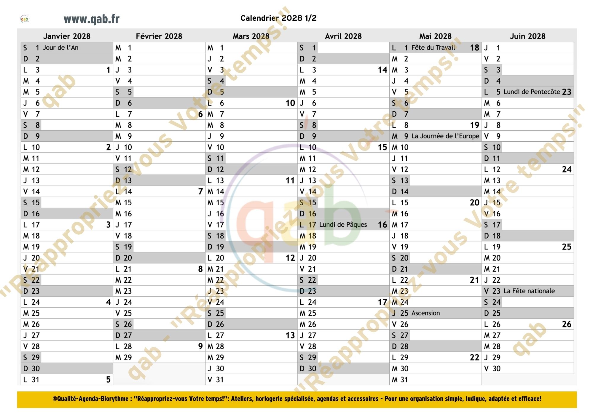 Qab-Calendrier classique 2026/2027 (16 mois) + Bonus Calendrier 2028 • qab : Gestion du Temps & Biorythme, adaptés avec ou sans TND Planning 2028 1 2