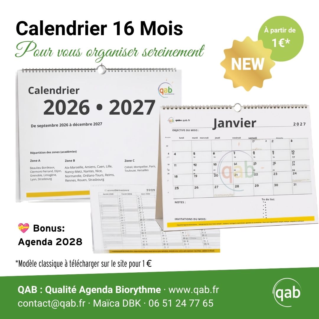 Qab-Calendrier classique 2026/2027 (16 mois) + Bonus Calendrier 2028 • qab : Gestion du Temps & Biorythme, adaptés avec ou sans TND Qab Agenda Calendrier Classique 2026 2027