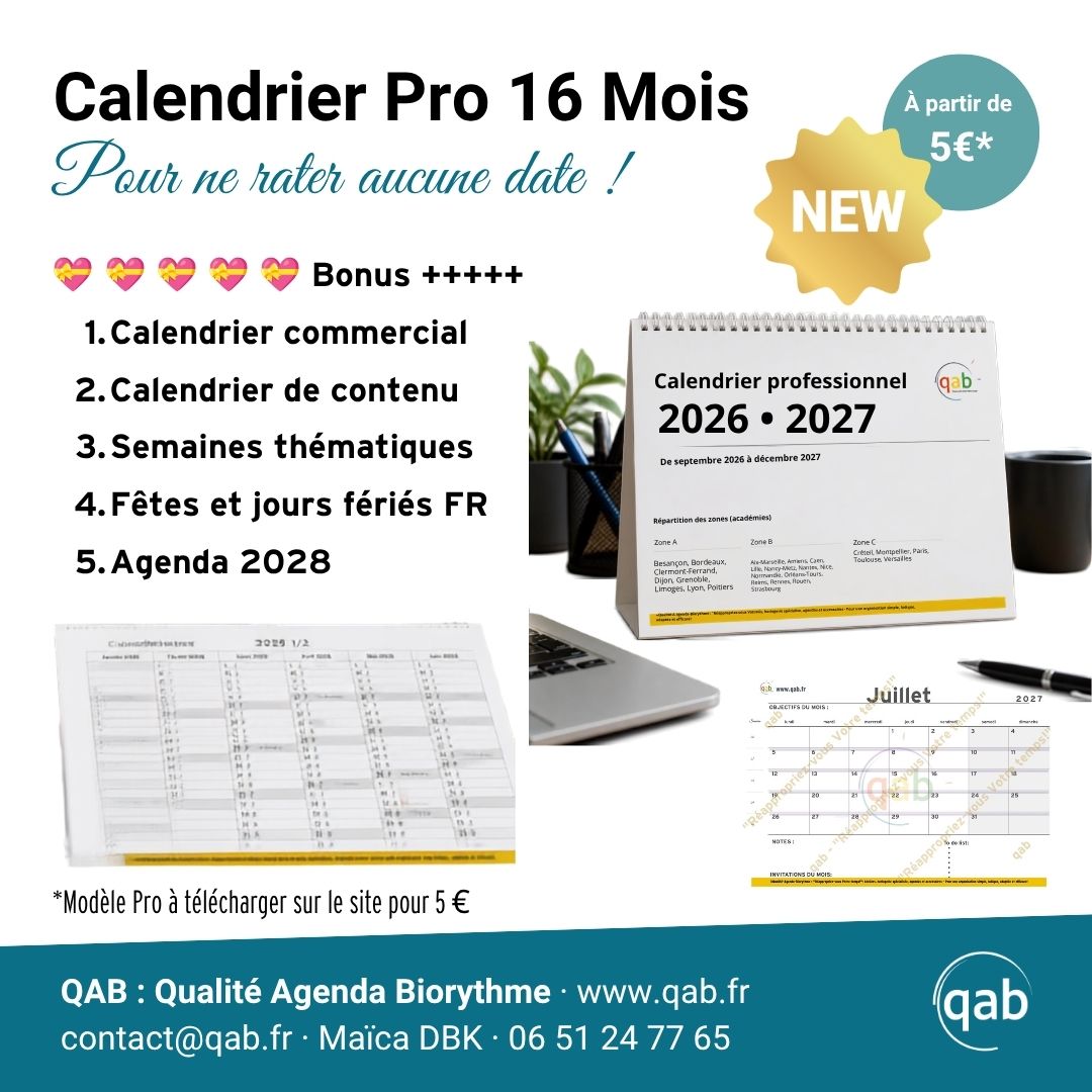 Qab-Calendrier Professionnel 2026/2027 (16 mois) + 5 Bonus • qab : Gestion du Temps & Biorythme, adaptés avec ou sans TND Qab Calendrier Pro 2026 2027