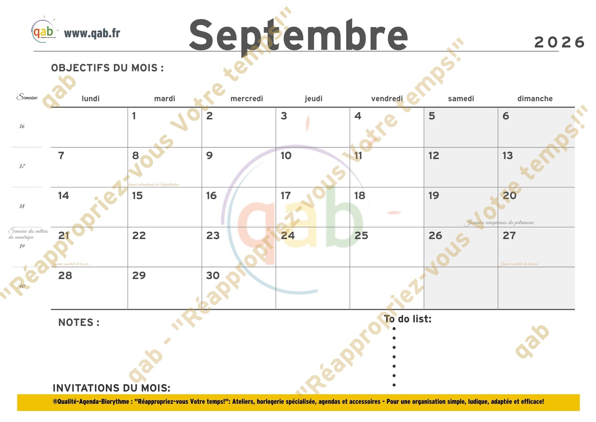 Qab-Calendrier classique 2026/2027 (16 mois) + Bonus Calendrier 2028 • qab : Gestion du Temps & Biorythme, adaptés avec ou sans TND Septembre 2026